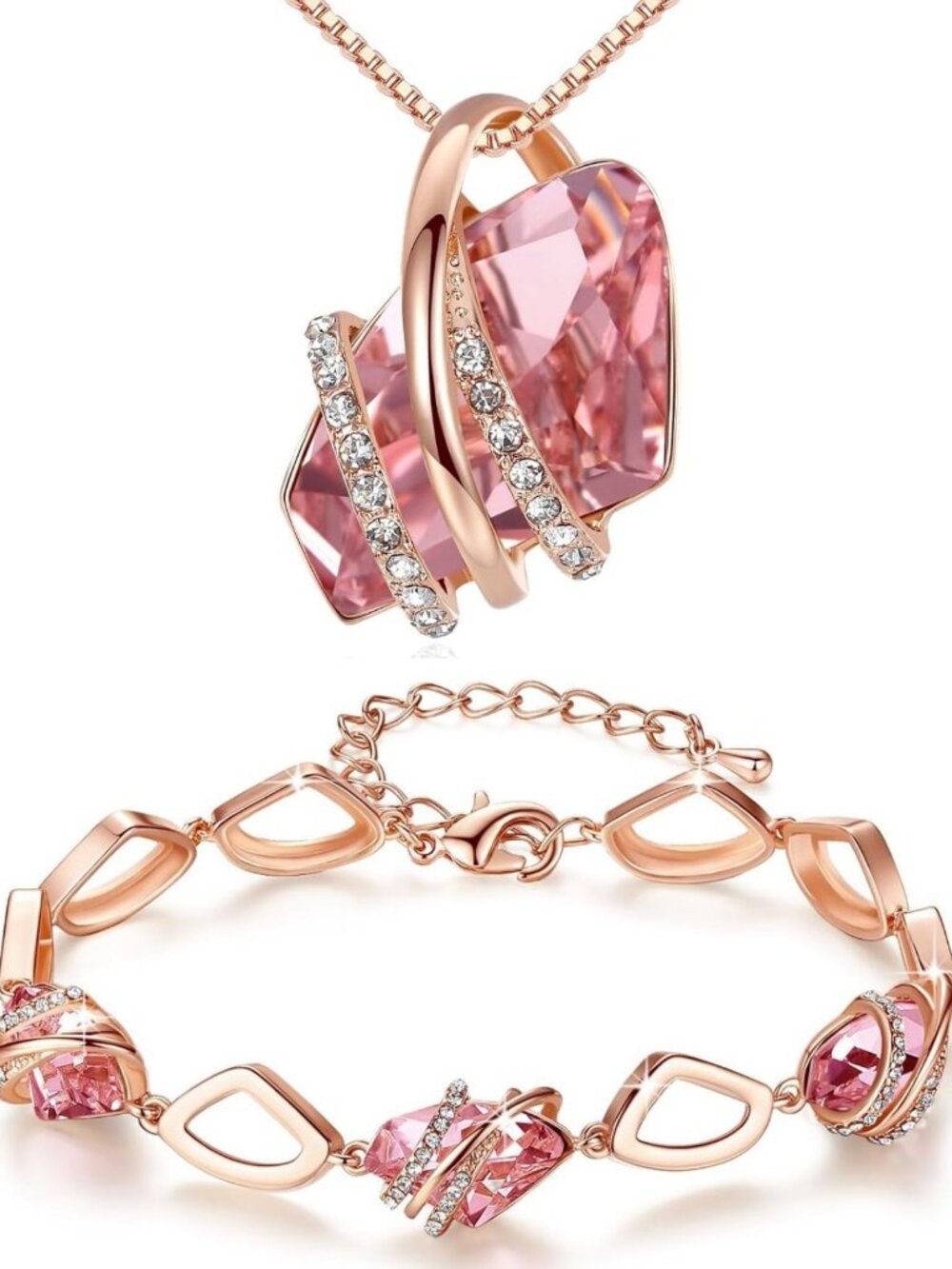 Vintage Pink Crystal October Birthstone Necklace & Bracelet Jewelry Set for